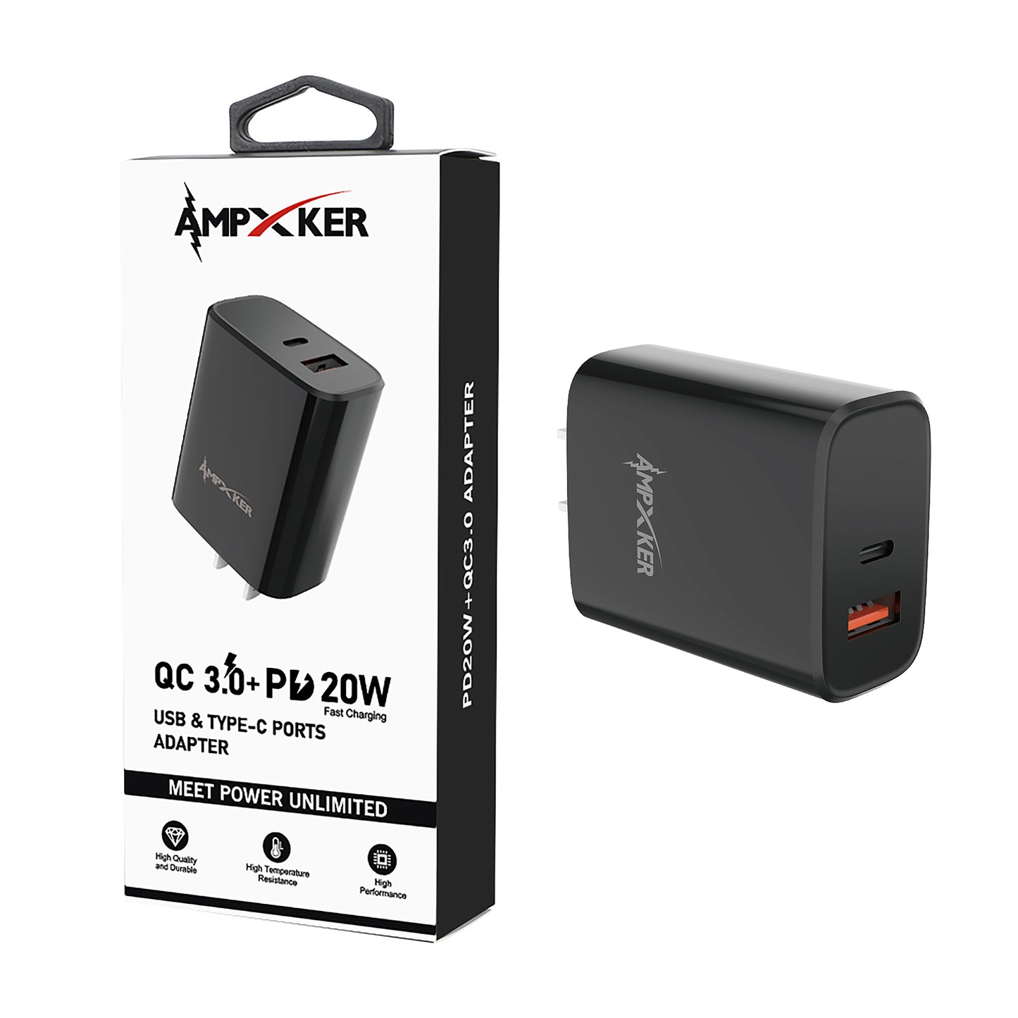 20W Quick Charge 3.0 Dual USB-A + USB-C Output AC Wall Adapter