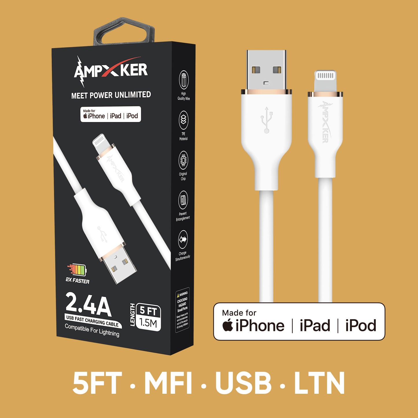 5-Foot Length USB Fast Charging Data Cable USB-A to Lightning (MFI Certified)
